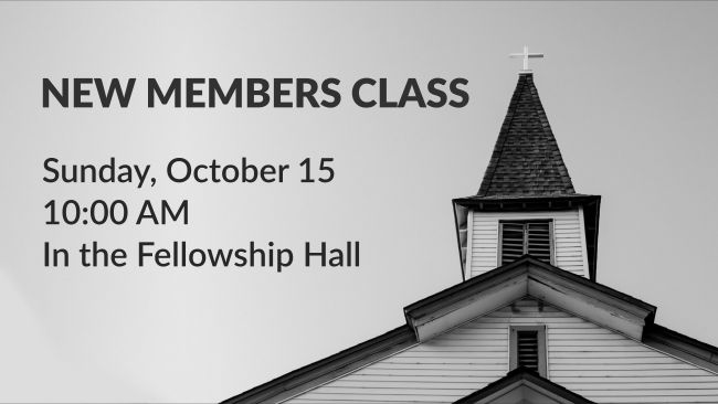Lato Heavy and Lato Semibold A clean graphic with a simple background photo of a church. The headline New Members Class is large and in Lato Heavy. The details (date, time, location) are smaller, in Lato Semibold, and grouped together. The line spacing is 1.25, and all text is left-aligned.