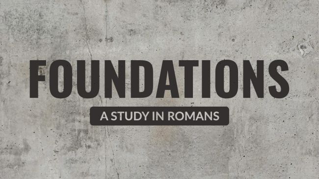 Oswald and Lato The word FOUNDATIONS is in all-caps Oswald, very large. The subtitle A Study in Romans is smaller and in Lato.
