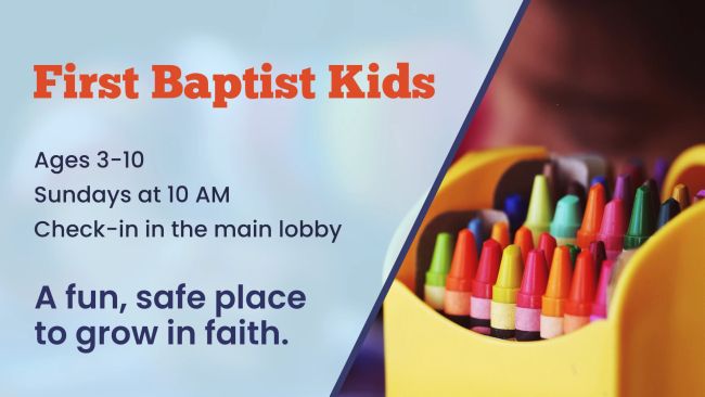 ChunkFive and Poppins A colorful image. The main headline First Baptist Kids is in the playful ChunkFive font. All the other text is in the simple, clean Poppins font.