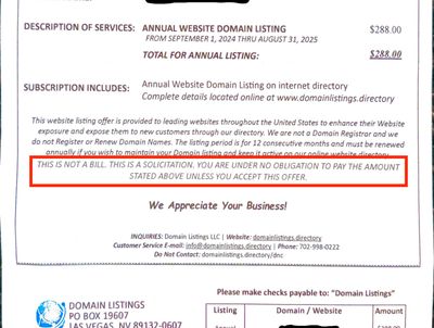 not a bill, but a solicitation Domain Scam Letter
